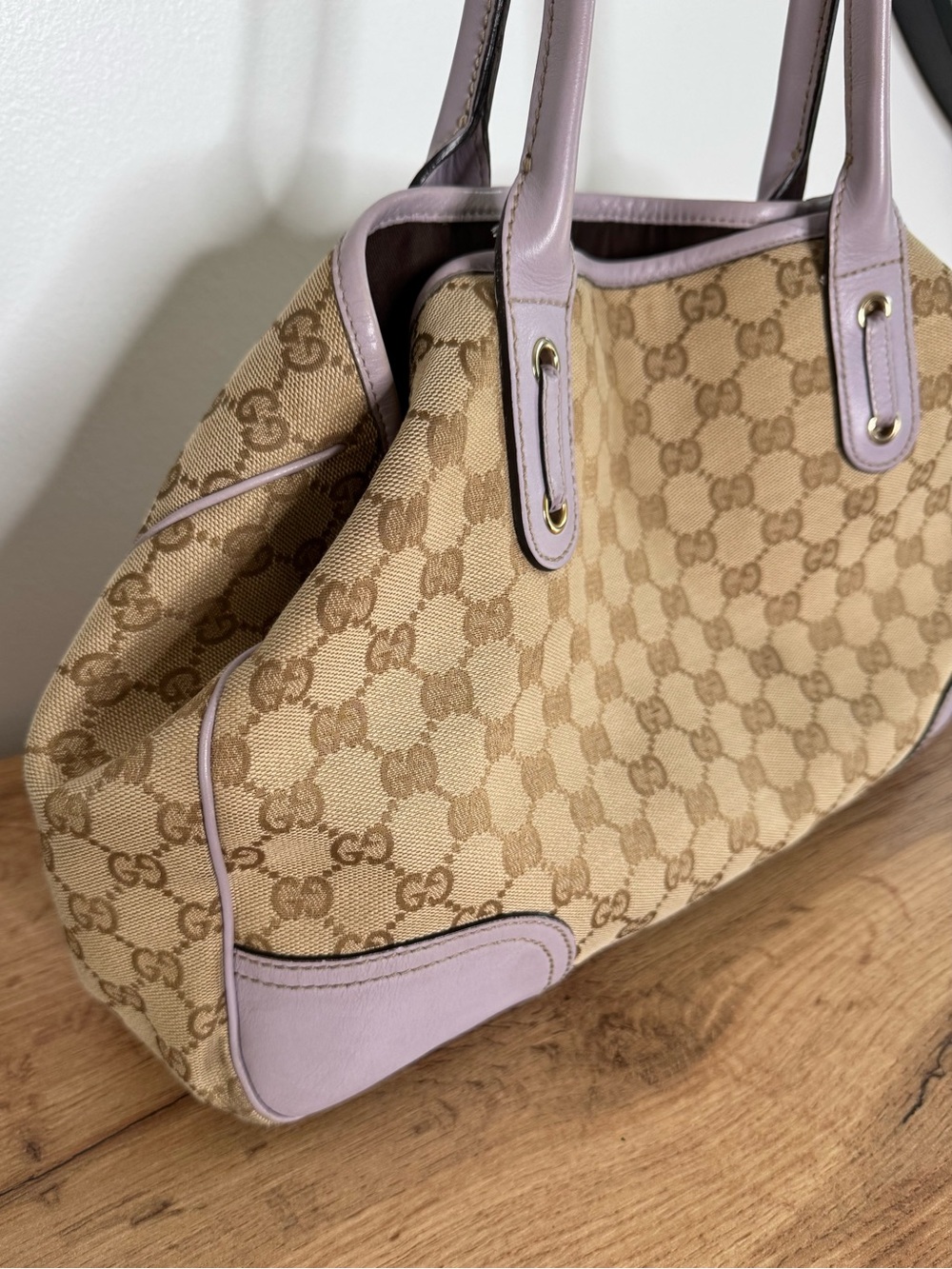 Authentic Gucci GG Monogram Canvas Princy Tote Beige Purple Leather Shoulder Bag - Picture 7 of 16